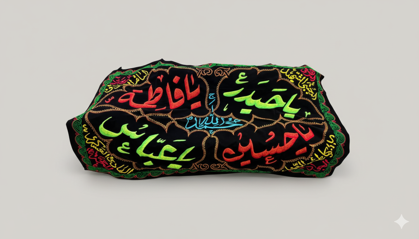 Iranian Velvet Banner – Names of Panjtan Pak (محمد ﷺ, علیؑ, فاطمہؑ, حسینؑ, عباسؑ) – Full Size 7.5×8 ft – Premium Majlis Decor